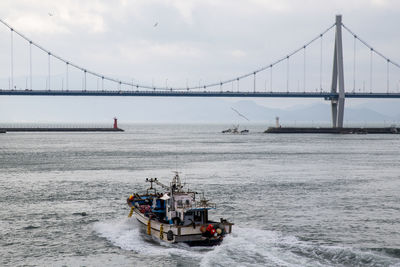 View of suspension bridge over sea