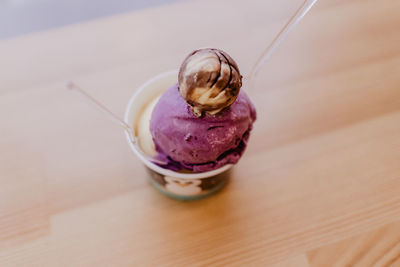 Close-up of ice cream on table