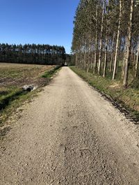 Road amidst trees on field against clear sky