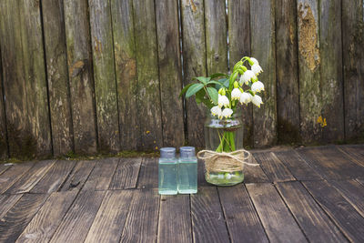 Close-up of white flowers in vase on wooden table