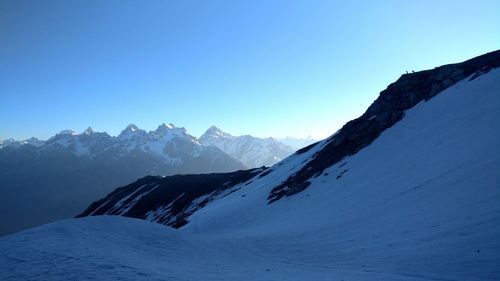 Scenic view of snowcapped mountains against clear blue sky
