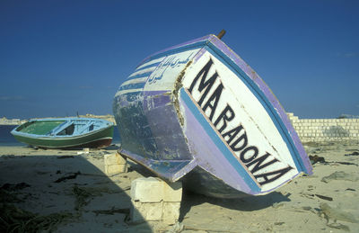 Low angle view of built structures against clear blue sky