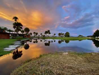 Scenic view of lake against sky during sunset
