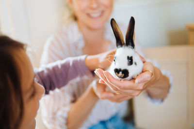 A woman holding a small black and white bunny while a young girl pets it