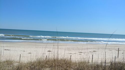 Scenic view of beach against clear blue sky