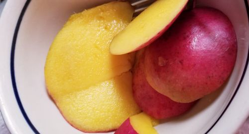 High angle view of oranges in bowl