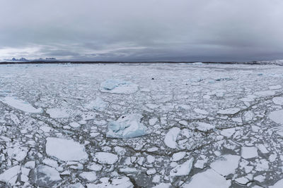 Glaciers of various shapes on rough frozen terrain in vatnajokull national park in iceland