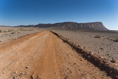 Dirt road leading towards mountains against clear sky