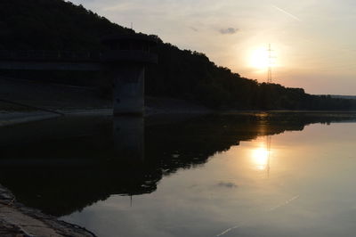 Scenic view of calm lake at sunset