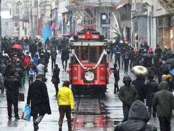 People walking on city street