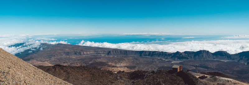 Panoramic view of mountain range against blue sky