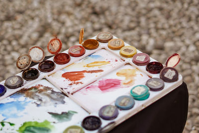 High angle view of watercolor paints