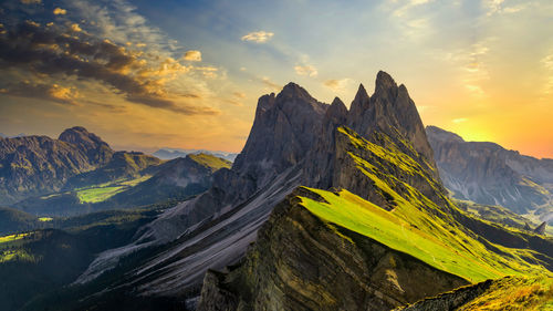 Seceda peak, trentino alto adige, dolomites alps, south tyrol, italy, europe. odle mountain range