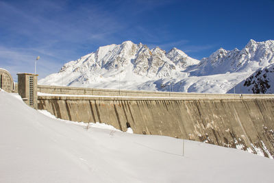 Scenic view of snow covered mountains against sky