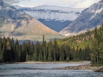 Scenic view of lake by mountains against sky