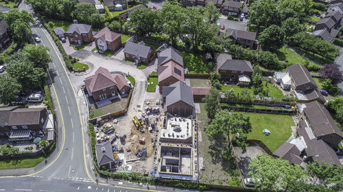 High angle view of street amidst buildings