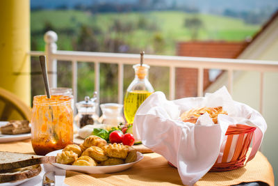 Close-up of breakfast served on table