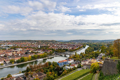 High angle view of townscape by river against sky