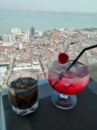 High angle view of drink in glass on table