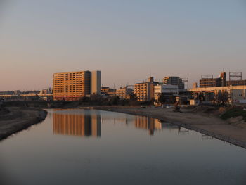 River by buildings against clear sky during sunset