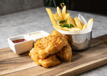 Close-up of food served on table