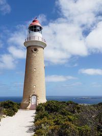 Lighthouse by sea against sky