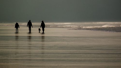 Silhouette people on beach against sky