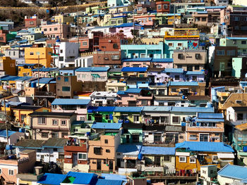 High angle view of colourful townhouses in gamcheon cultural village