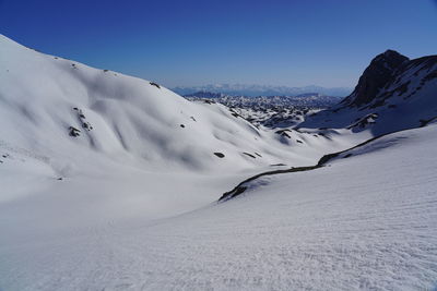 Scenic view of snow covered mountains against clear sky