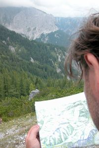 Midsection of man holding tree against mountain range