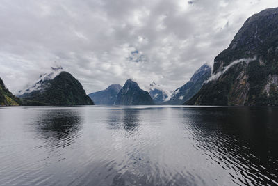 Scenic view of lake and mountains against sky