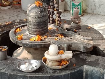 High angle view of preparing food on barbecue grill