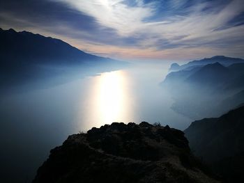 Scenic view of mountains against sky during sunset