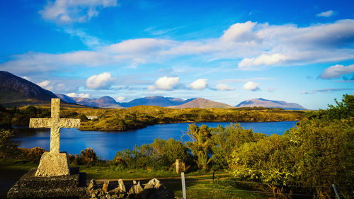 Panoramic view of lake and mountains against sky