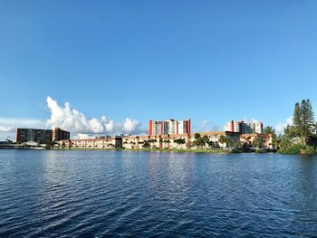 Scenic view of river by buildings against blue sky