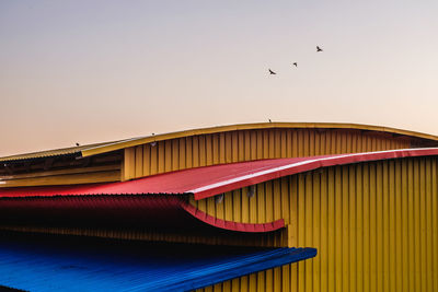 Low angle view of birds flying against clear sky