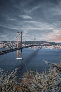 View of suspension bridge in city