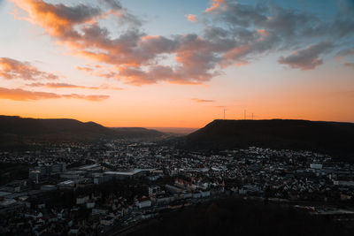 High angle view of townscape against sky during sunset