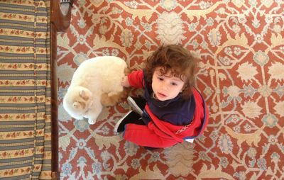 High angle view of baby girl sitting by cat on carpet