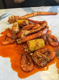 High angle view of food in plate