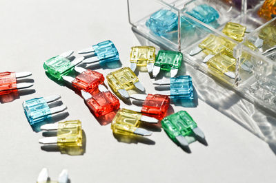 High angle view of multi colored pencils on table