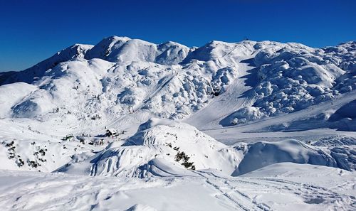 Scenic view of snow covered mountain against clear sky