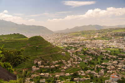 High angle view of townscape against sky