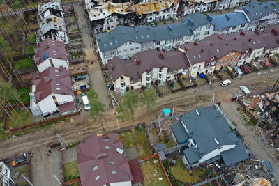 Top view of the destroyed and burnt houses. houses were destroyed by rockets or mines from soldiers.