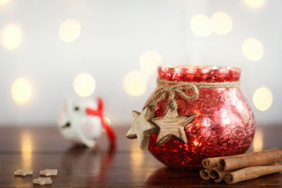 Close-up of christmas decoration on table