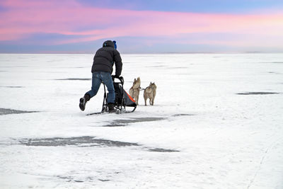 Rear view of man walking on snow covered landscape