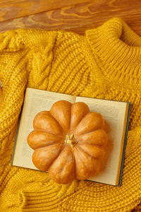 High angle view of pumpkins on table