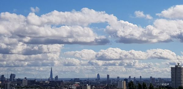 Panoramic view of buildings against cloudy sky