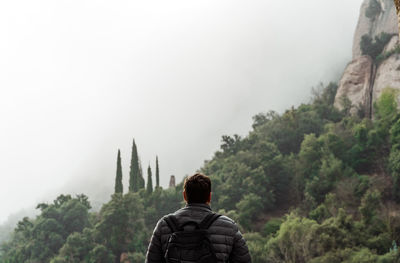 Rear view of man looking at waterfall against sky