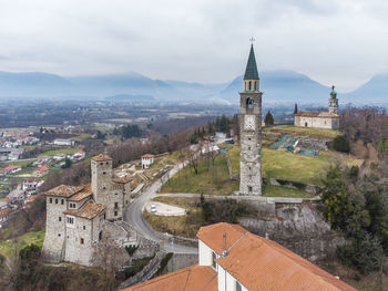 High angle view of old building against sky